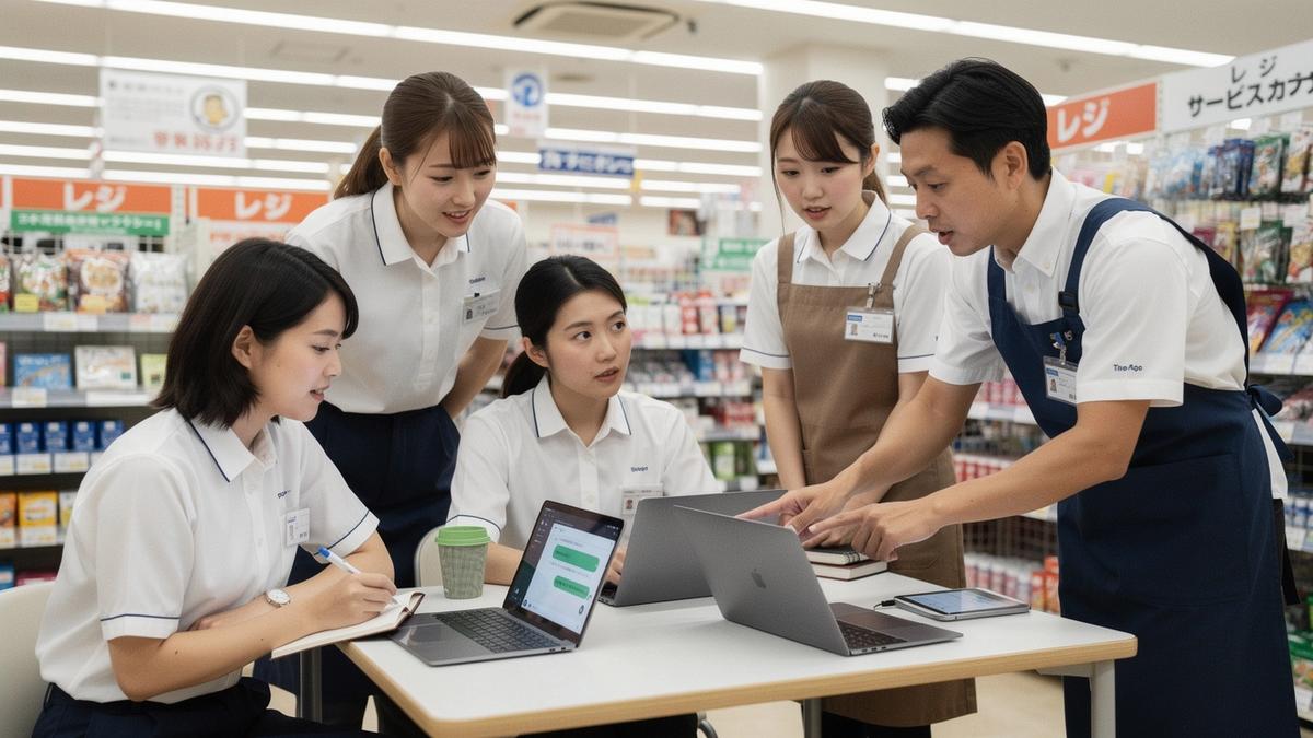 日本の小売店舗でスタッフが接客導線を確認しながらAI活用研修を進める様子